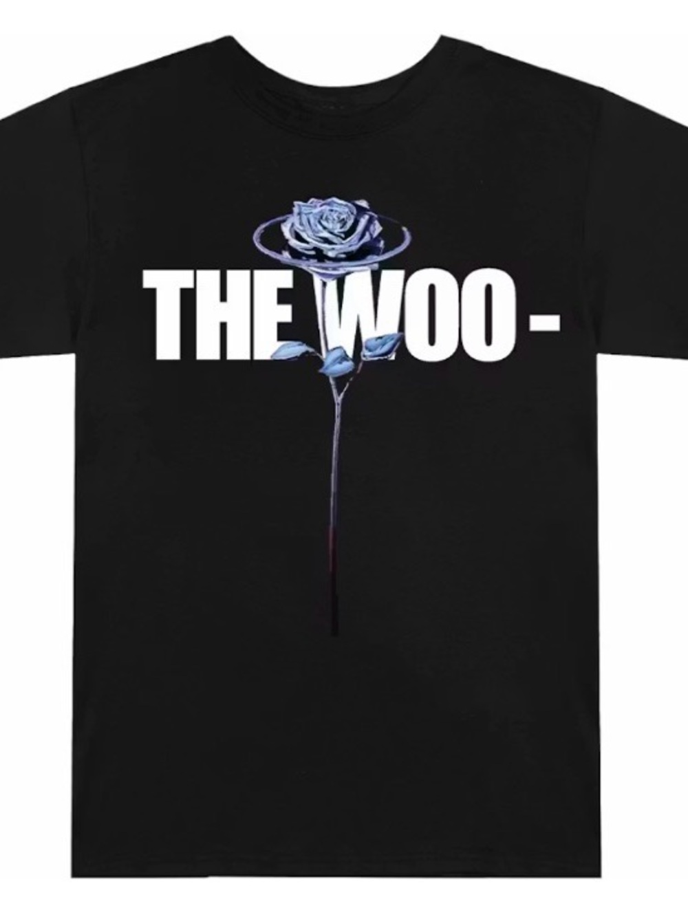 VLONE Black Tee with White Text and Blue Rose